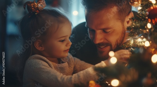 A father and his young daughter decorate a Christmas tree, with the lights of the tree illuminating their faces. The little girl wears a festive headband with a star.