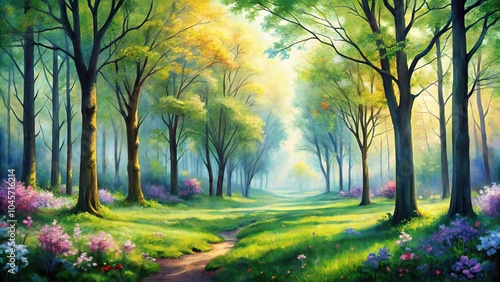 watercolor painting of a spring forest landscape