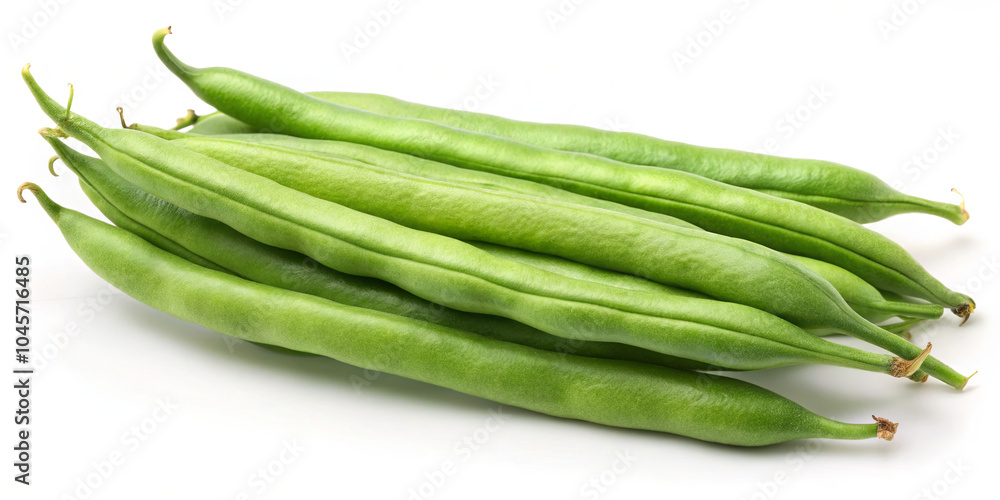 A collection of fresh green beans arranged closely, highlighting their smooth texture and bright color against a plain white background, ideal for culinary use A collection of fresh green beans arranged closely, highlighting their smooth texture and bright color against a plain white background, ideal for culinary use