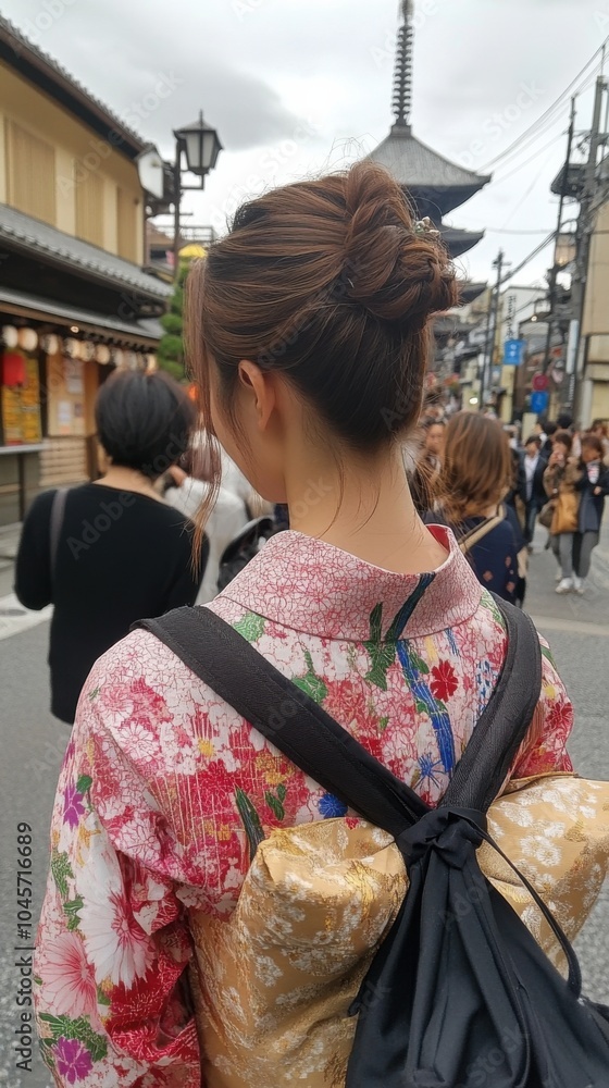 Fototapeta premium 混雑した通りを伝統的な着物で歩く日本文化