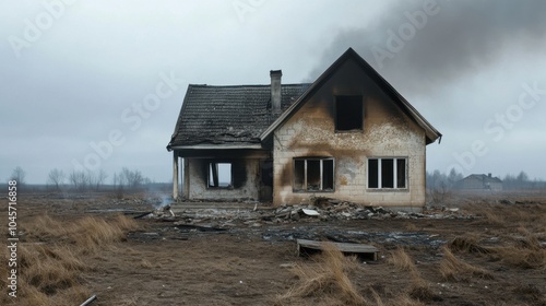 A desolate house in a barren field, scarred by smoke and decay, evokes a post-apocalyptic atmosphere.