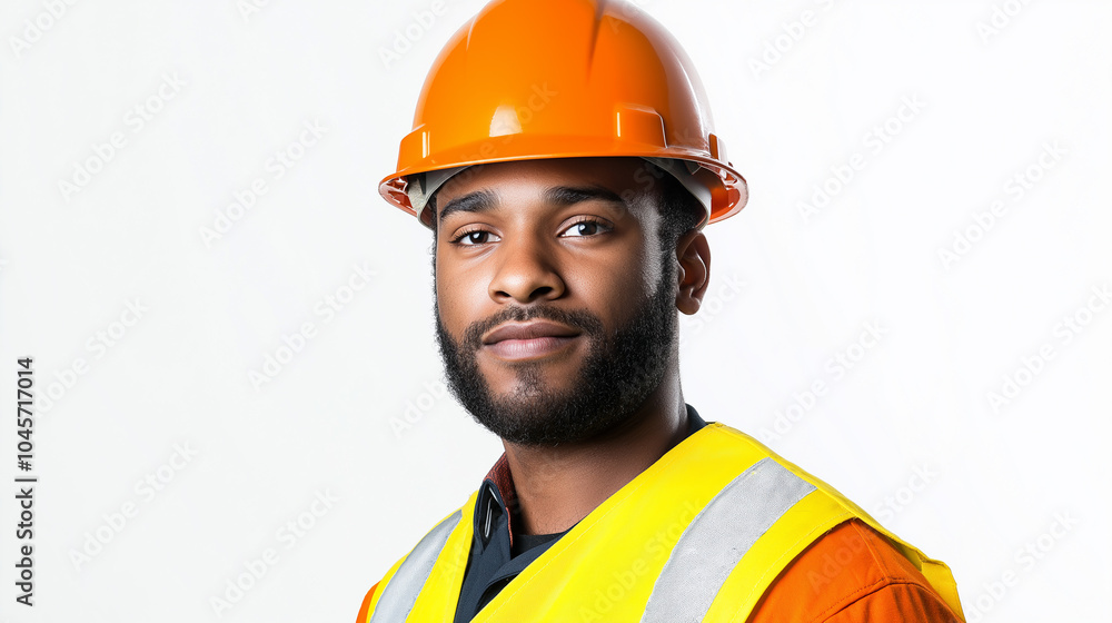 Portrait of a confident male construction worker wearing an orange hard hat and yellow safety vest, representing construction, engineering, and workplace safety promotions. Portrait of a confident male construction worker wearing an orange hard hat and yellow safety vest, representing construction, engineering, and workplace safety promotions.