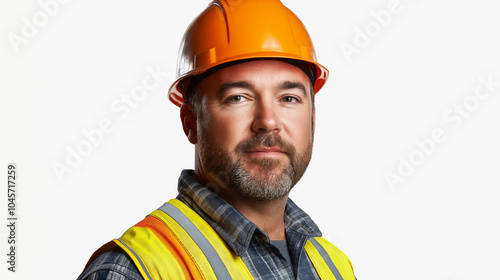 Portrait of a confident male construction worker wearing an orange hard hat and yellow safety vest, representing construction, engineering, and workplace safety promotions. photo