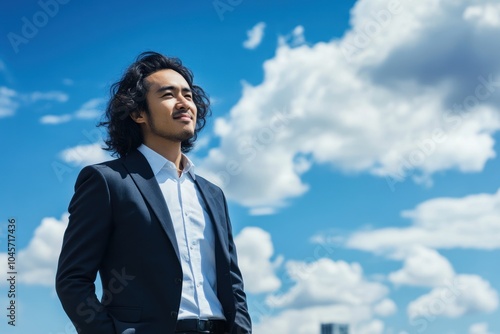 young asian businessman with medium wavy hair standing while smiling proudly, he is looking at a far, low angle shot photo