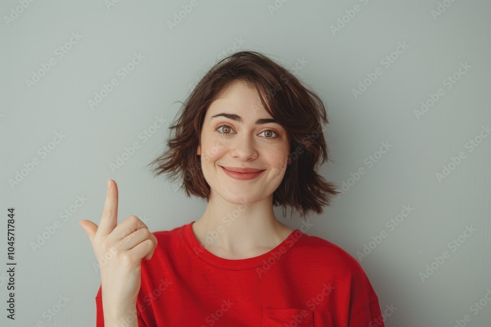 A woman in a bright red shirt makes a peace sign, a symbol of harmony and unity A woman in a bright red shirt makes a peace sign, a symbol of harmony and unity
