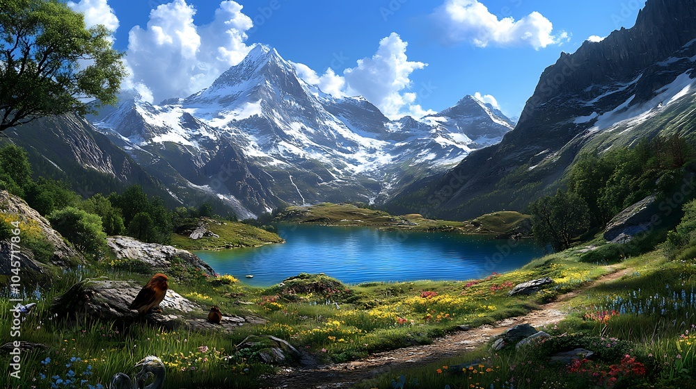 Fototapeta premium Majestic Mountain Lake with Wildflowers and Bird