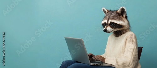 A raccoon with a human body is sitting on a chair in front of a blue wall, using a laptop computer. photo