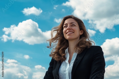 businesswoman with medium wavy hair standing while smiling proudly, she is looking at a far, low angle shot photo