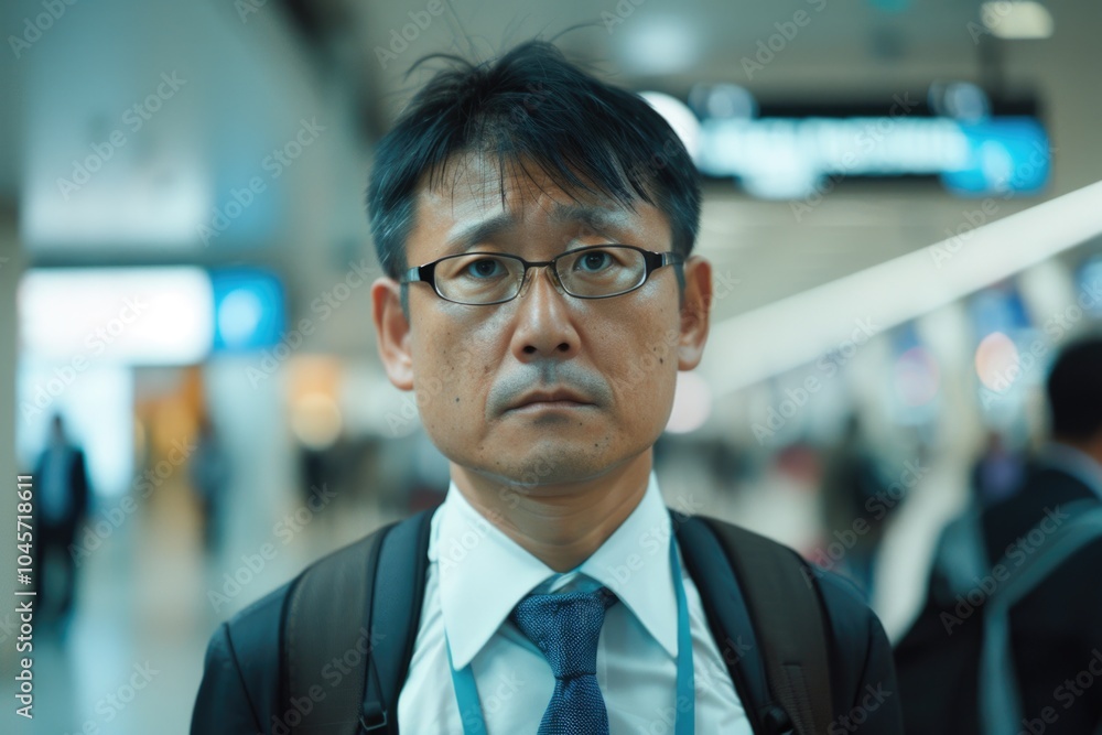 Obraz premium Man in suit and tie standing in airport terminal, possibly waiting for flight or meeting someone