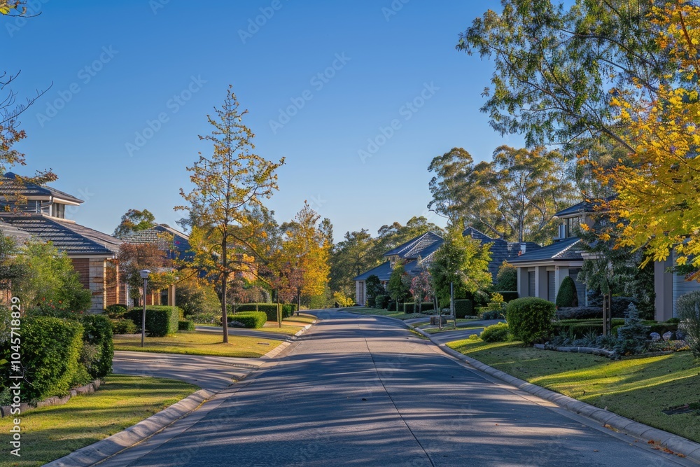 A suburban street lined with houses and trees, great for use in real estate or neighborhood scenes A suburban street lined with houses and trees, great for use in real estate or neighborhood scenes