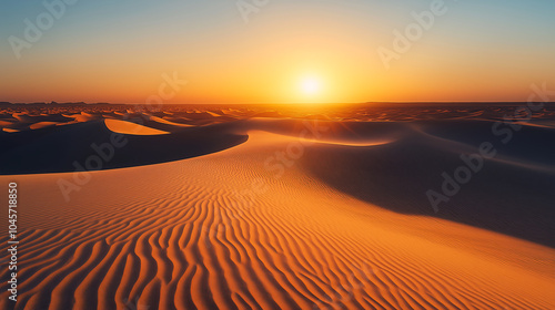 A vast desert landscape with rolling dunes stretching to the horizon, illuminated by the warm glow of the setting sun. The sun is low in the sky, casting long, dramatic shadows across the sand. The go