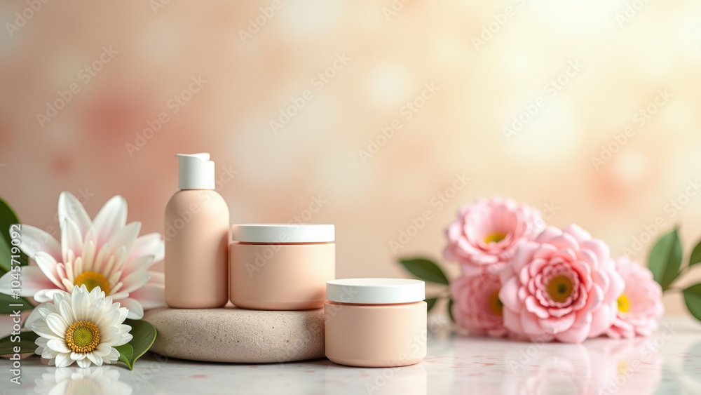 Three soft pink cosmetic containers with flowers, ideal for beauty branding. Three soft pink cosmetic containers with flowers, ideal for beauty branding.