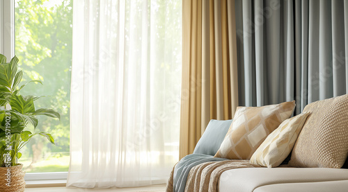 Cozy living room with sunlight streaming through sheer curtains, highlighting a white sofa with throw pillows, plants, and a view of nature, ideal for home decor inspiration. photo