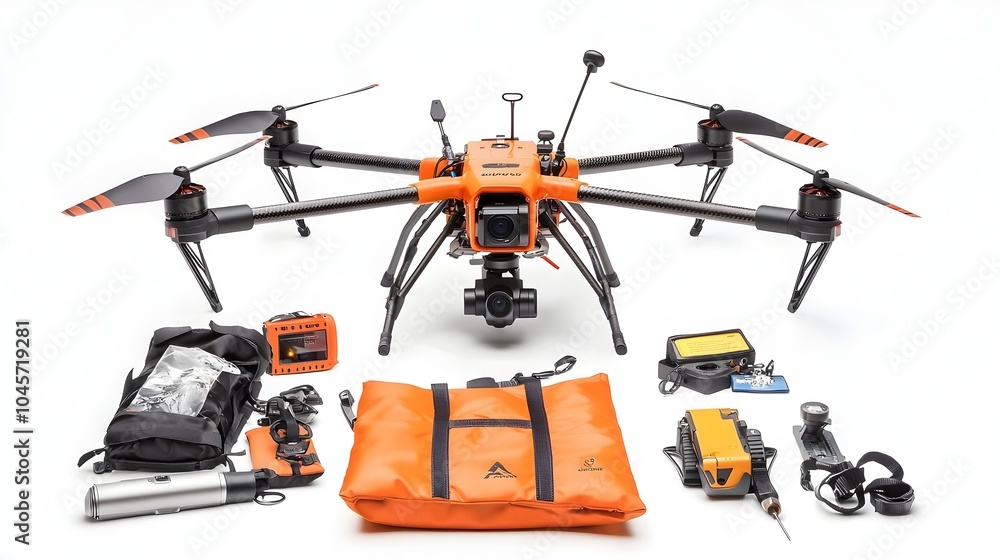 A lineup of various rescue drones and their accompanying accessories such as controllers batteries and other equipment showcased on a clean white background A lineup of various rescue drones and their accompanying accessories such as controllers batteries and other equipment showcased on a clean white background