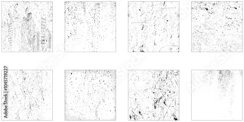Grunge texture effect set. Collection of 8 grunge texture. Distressed overlay rough textured. Abstract vintage monochrome. Black isolated on white background. 
