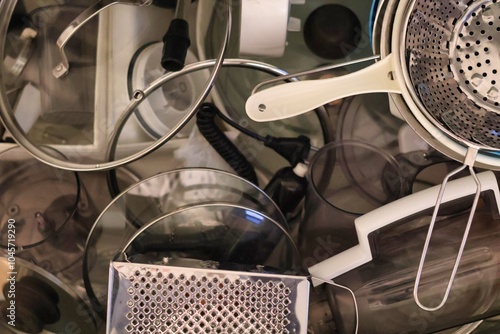 A total mess of the kitchen in the drawer for kitchen utensils, covers and small household appliances