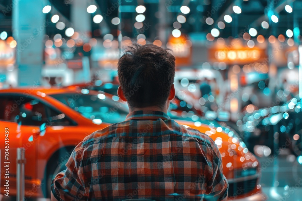 Fototapeta premium A person standing in front of multiple vehicles