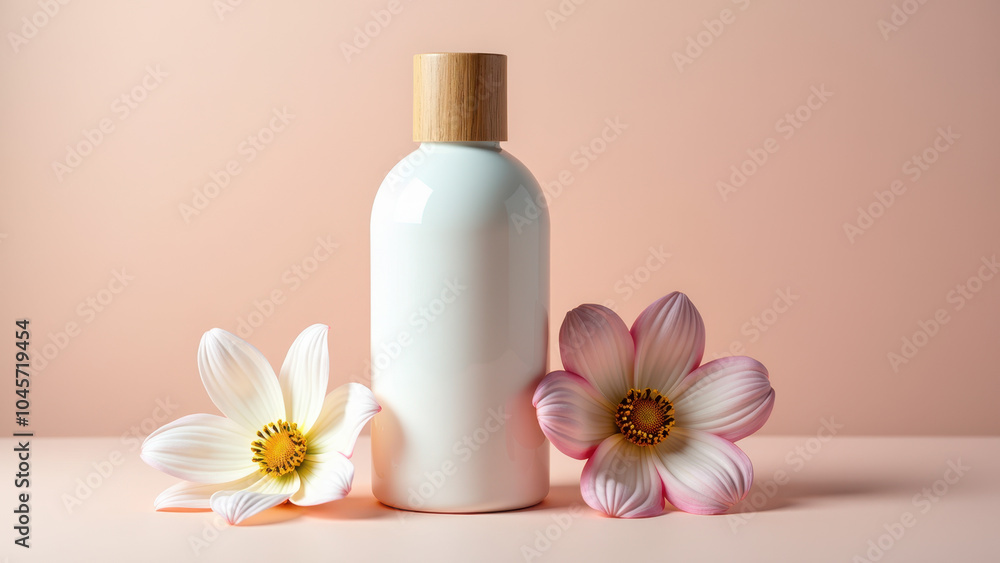 White bottle with wooden cap surrounded by delicate flowers, perfect for eco-friendly products. White bottle with wooden cap surrounded by delicate flowers, perfect for eco-friendly products.