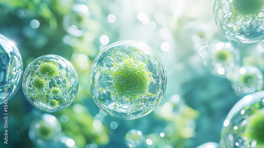 Green Organisms Floating in Glowing Fluid