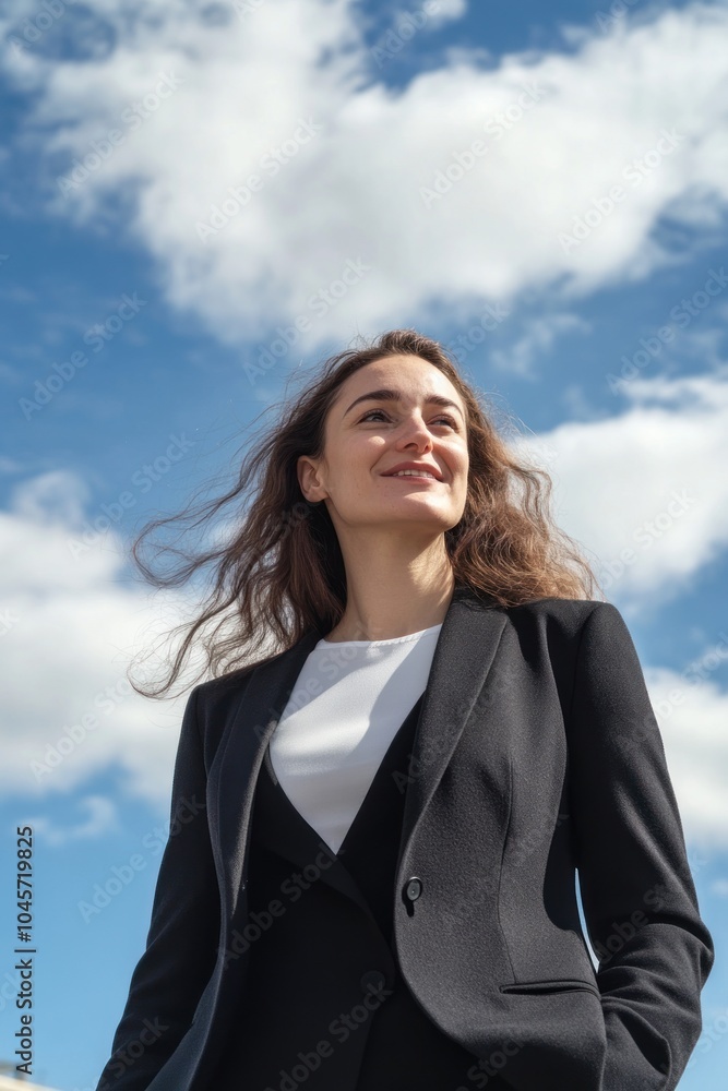 portrait of a businesswoman with medium wavy hair standing while smiling proudly, she is looking at a far, low angle shot, in vertical 2:3 aspect ratio