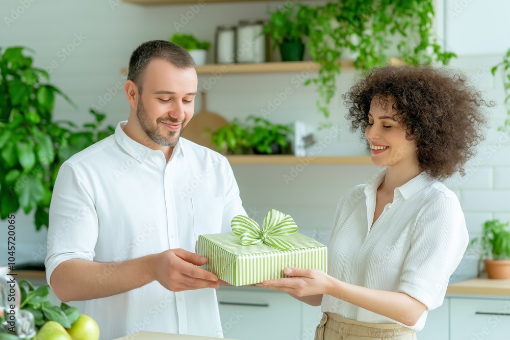 Co-workers exchanging gifts in a modern office kitchen with bright natural light Co-workers exchanging gifts in a modern office kitchen with bright natural light