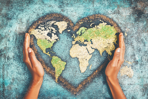 Earth's day celebration, hands shaped heart with world map #1045720006