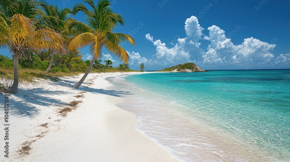 A pristine white sand beach with palm trees and turquoise water on a sunny day. A pristine white sand beach with palm trees and turquoise water on a sunny day.