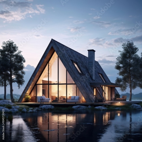 A modern A-frame house by a serene lake at dusk, showcasing contemporary architecture.