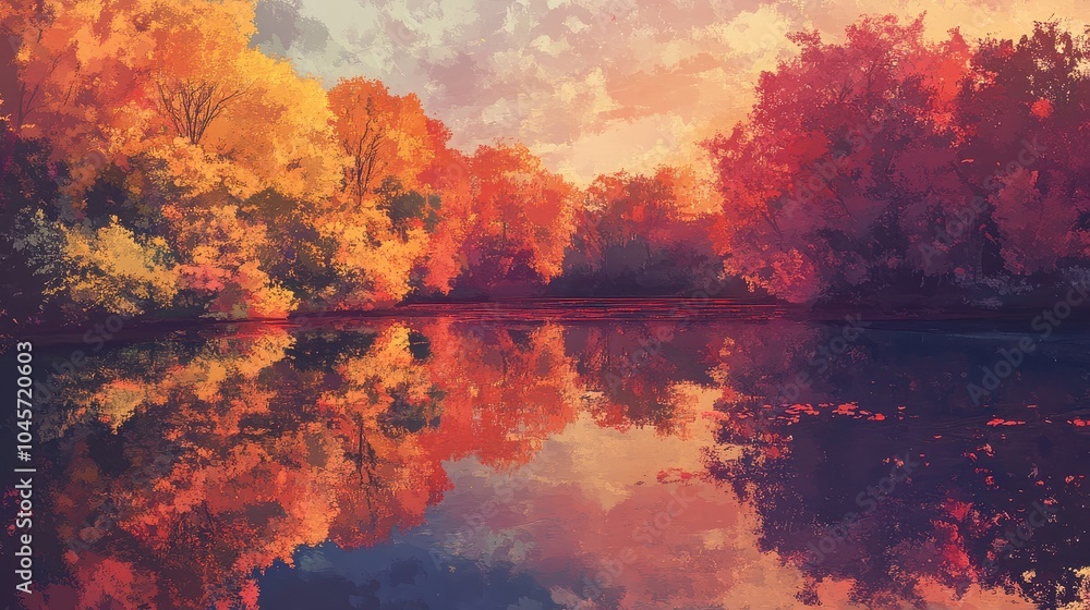 Autumn leaves reflect vibrant colors above a tranquil lake at sunrise in a scenic natural landscape Autumn leaves reflect vibrant colors above a tranquil lake at sunrise in a scenic natural landscape