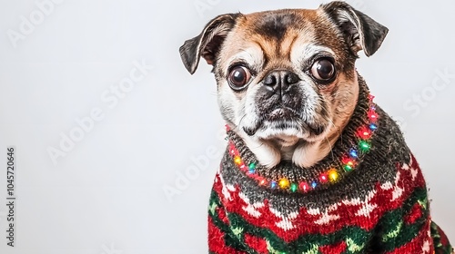 Dog in Ugly Sweater : “2025”. A Pug reluctantly wearing an oversized, blinking-light-covered Christmas sweater. Hilarious holiday fashion. Copy space near the collar.  photo