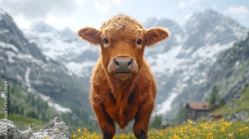 A red Highland cow looks directly at the camera in a mountain meadow with snow-capped peaks in the background.