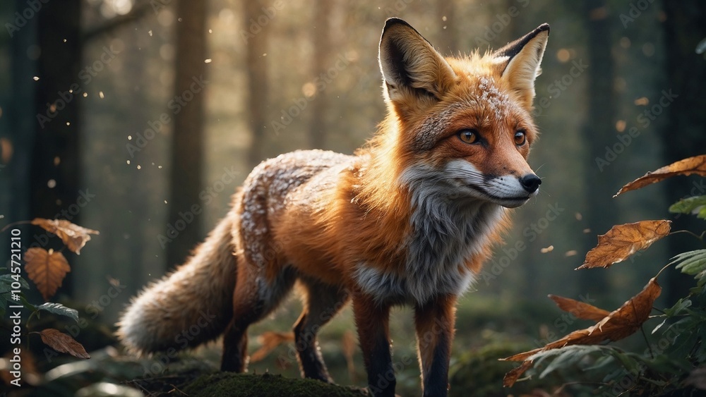 Fototapeta premium A young fox who learns to fly with the help of magic wings. The drawing is made with colored pencils