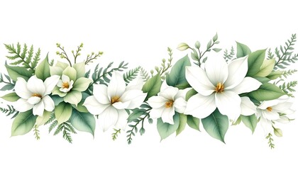 Watercolor of Tropical spring floral green leaves and flowers isolated on white backgrounds. Watercolor green floral banner with silver dollar eucalyptus leaves and branches isolated on white