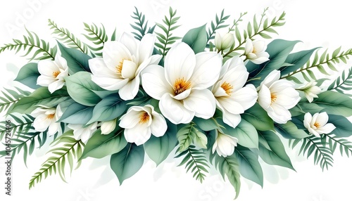 Watercolor of Tropical spring floral green leaves and flowers isolated on white backgrounds. Watercolor green floral banner with silver dollar eucalyptus leaves and branches isolated on white