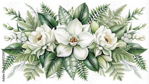 Watercolor of Tropical spring floral green leaves and flowers isolated on white backgrounds. Watercolor green floral banner with silver dollar eucalyptus leaves and branches isolated on white