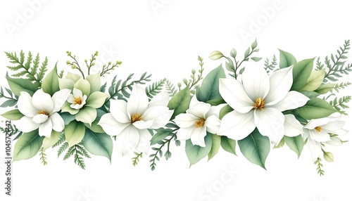 Watercolor of Tropical spring floral green leaves and flowers isolated on white backgrounds. Watercolor green floral banner with silver dollar eucalyptus leaves and branches isolated on white
