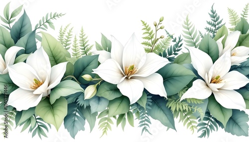 Watercolor of Tropical spring floral green leaves and flowers isolated on white backgrounds. Watercolor green floral banner with silver dollar eucalyptus leaves and branches isolated on white