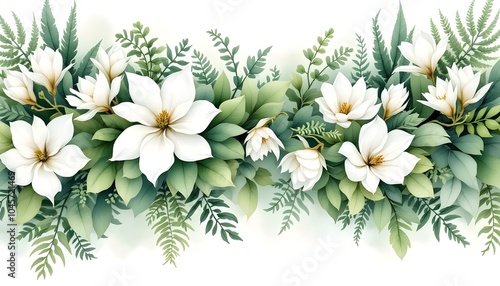 Watercolor of Tropical spring floral green leaves and flowers isolated on white backgrounds. Watercolor green floral banner with silver dollar eucalyptus leaves and branches isolated on white