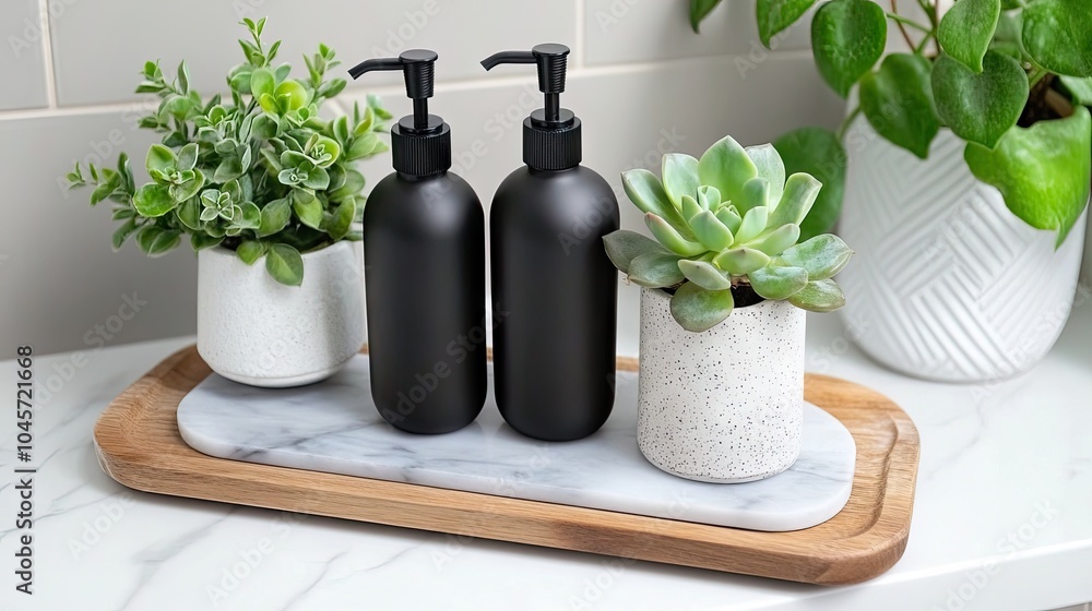 A gray marble tray elegantly displays two matte black soap bottles and a small succulent plant alongside a neatly rolled towel, enhancing the bathroom's aesthetic A gray marble tray elegantly displays two matte black soap bottles and a small succulent plant alongside a neatly rolled towel, enhancing the bathroom's aesthetic