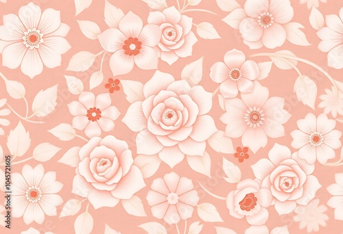 A delicate floral pattern featuring intricate roses and other blossoms in soft pink and cream tones