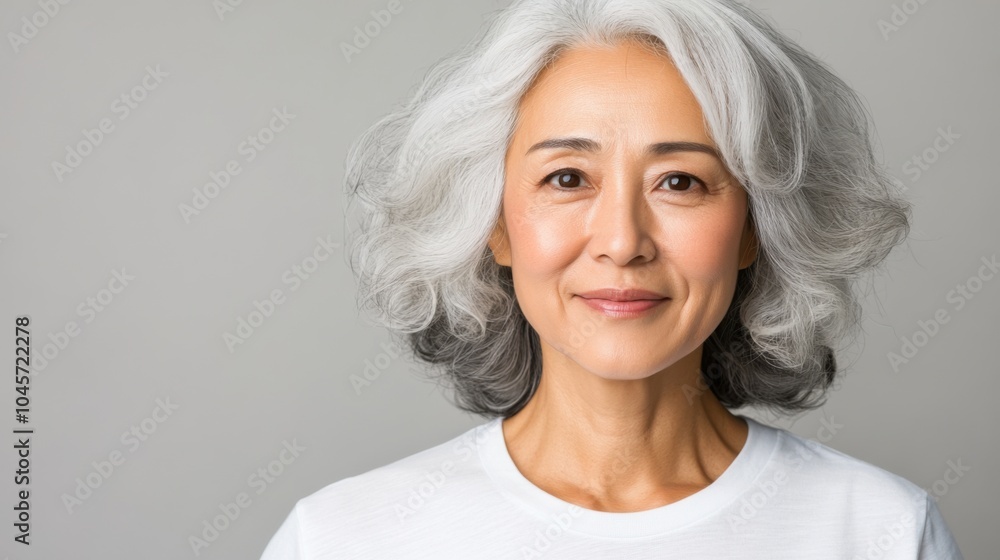 カジュアルな白いシャツを着た、白髪の自信に満ちた成熟した女性