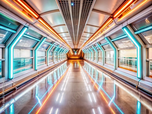 Futuristic Corridor with Neon Blue and Orange Lighting - Stunning Panoramic Photography for Sci-Fi and Modern