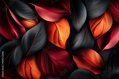 Abstract vibrant leaves in red, orange, and black tones, showcasing a dynamic nature-inspired pattern with modern design elements, ideal for backgrounds, posters, and digital artwork. photo