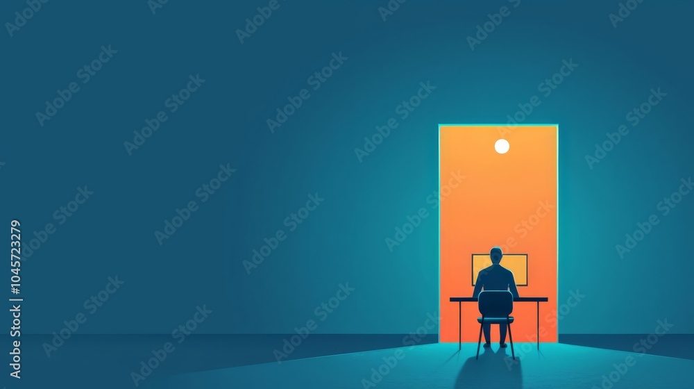Obraz premium A silhouette of a person at a desk, illuminated by an open door, symbolizing opportunity and contemplation.