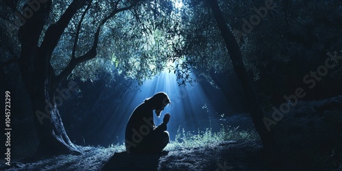 Introspective image of Jesus in prayer amidst moonlit trees in the garden of gethsemane, Biblical religious stories, illustrations Christian faith in God