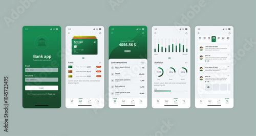 Bank app dashboard. Mobile Banking and Financial Management UI Design with Analytics and Transaction History. The interface includes analytics, transaction history, payment options and Account balance