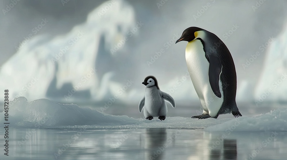 Obraz premium A baby penguin following its parent on the icy surface, conveying growth and learning, with room for text.