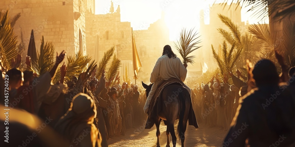 Naklejka premium Jesus triumphal entry into Jerusalem on a donkey surrounded by cheerful crowds and palm leaves, Biblical religious stories, illustrations Christian faith in God