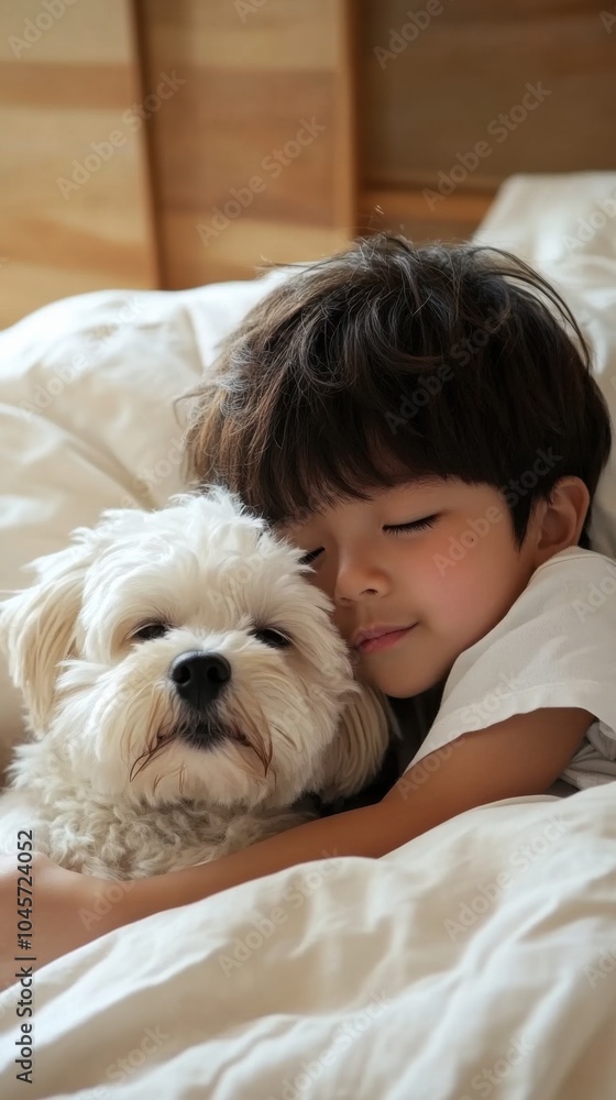 ベッドで寄り添う子供と犬 - 家族で使うメディアの温かさ、快適さ、絆 ベッドで寄り添う子供と犬 - 家族で使うメディアの温かさ、快適さ、絆
