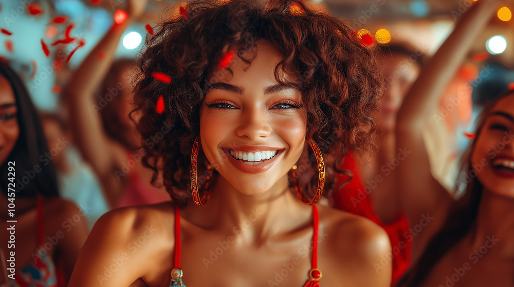 Close-up portrait of a smiling young woman celebrating at a party, surrounded by friends and festive lights, perfect for joyful moments, events, and lifestyle promotions. Close-up portrait of a smiling young woman celebrating at a party, surrounded by friends and festive lights, perfect for joyful moments, events, and lifestyle promotions.
